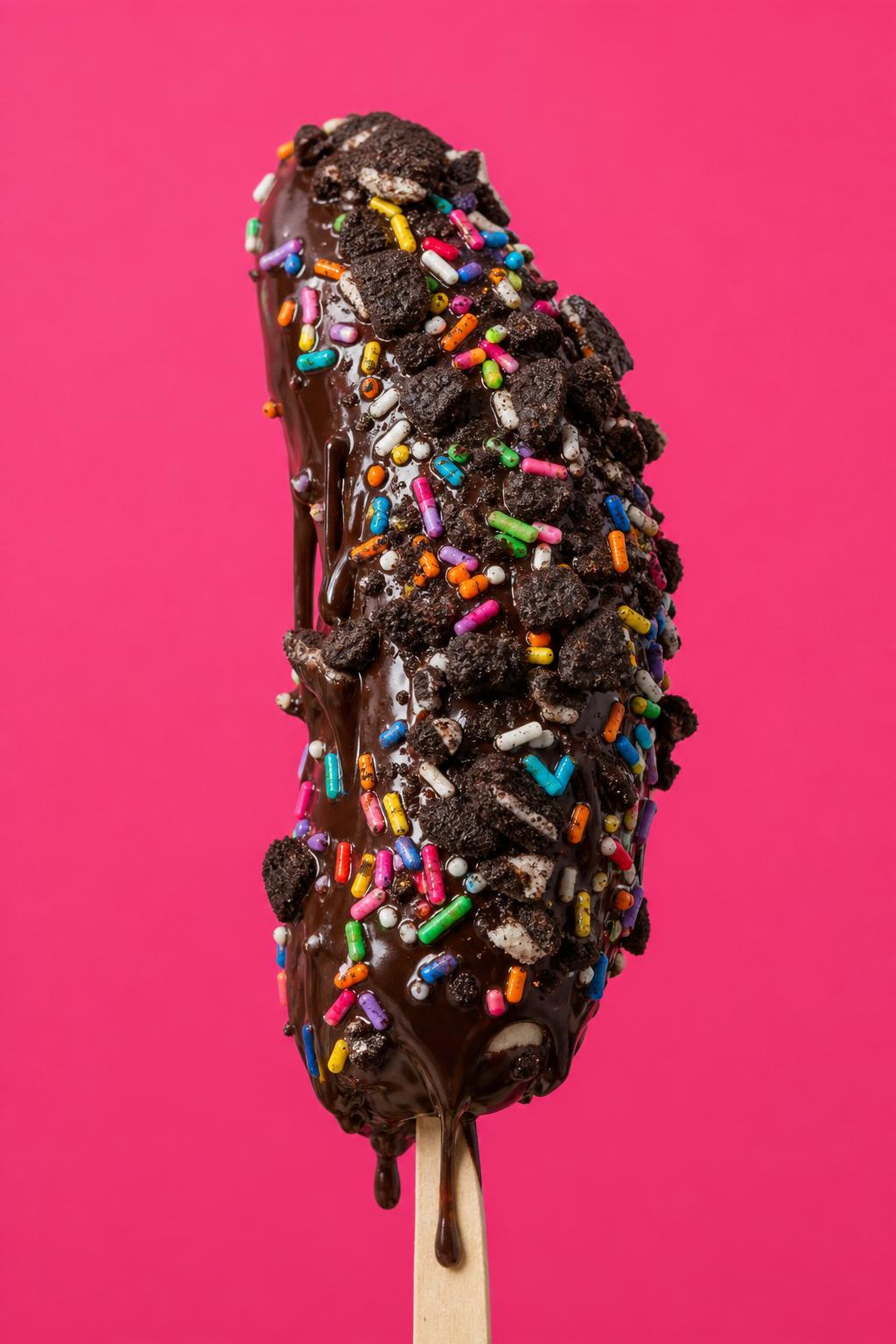 Chocolate-dipped frozen banana with sprinkles and crushed cookies
