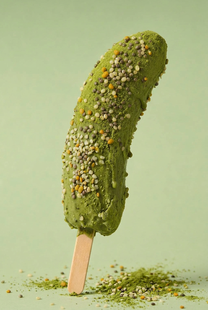 Matcha-coated frozen banana with hemp hearts and bee pollen